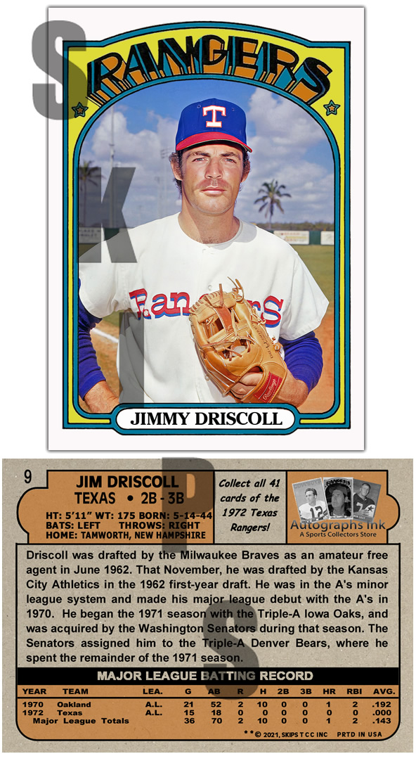 1972 STCC Autographs Ink Texas Rangers #9 Jim Driscoll